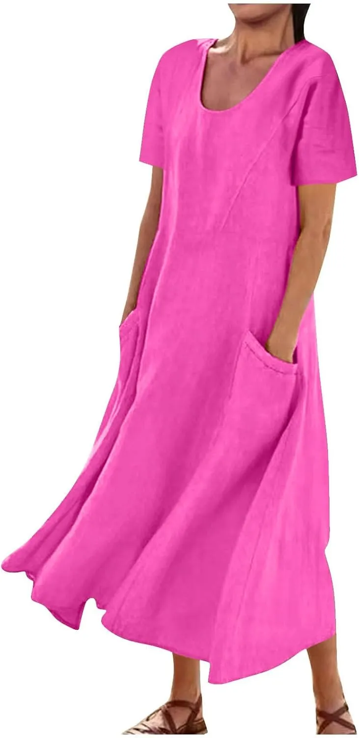 2025 Women Summer Dresses Vacation Trendy Short Sleeve Scoop Neck Cotton Linen Dress Loose Flowy Beach Sundress