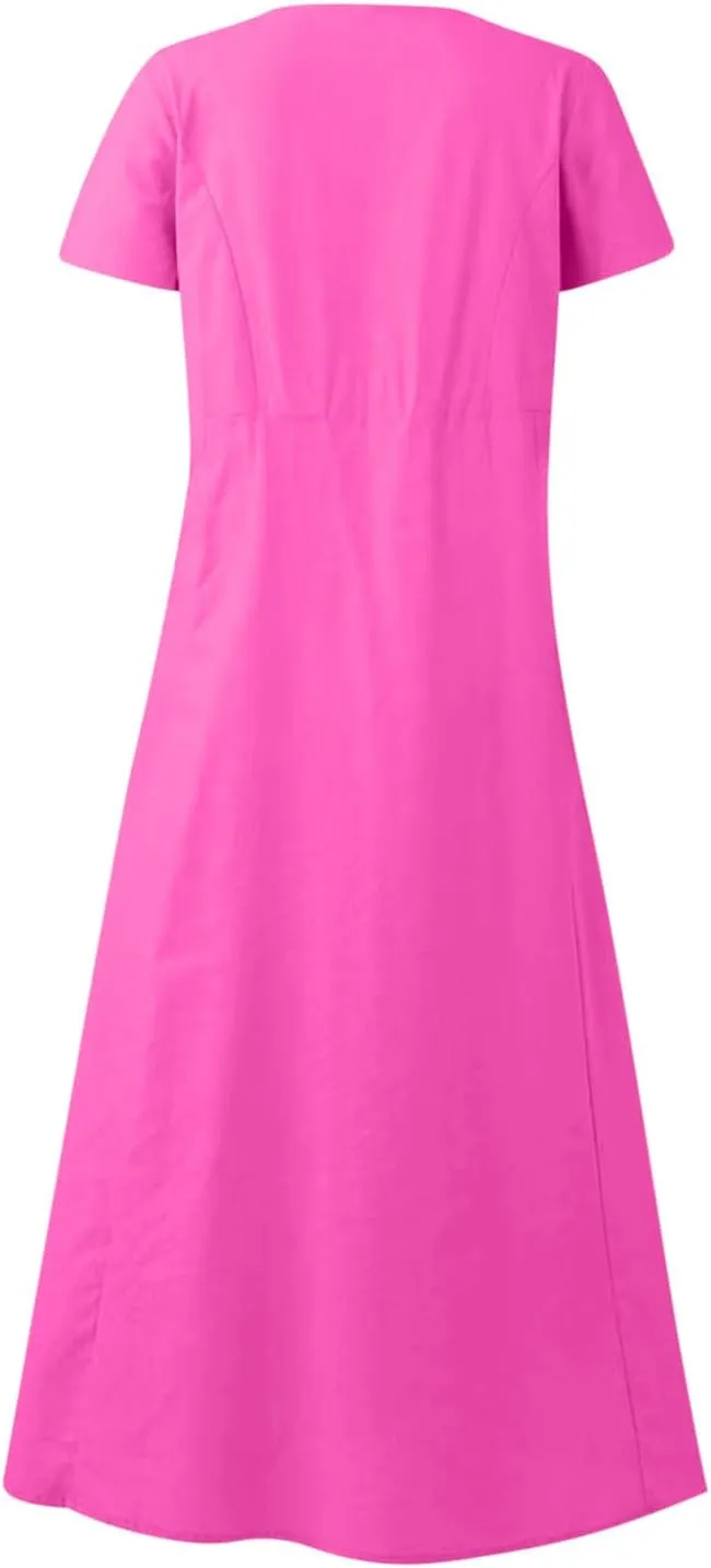 2025 Women Summer Dresses Vacation Trendy Short Sleeve Scoop Neck Cotton Linen Dress Loose Flowy Beach Sundress