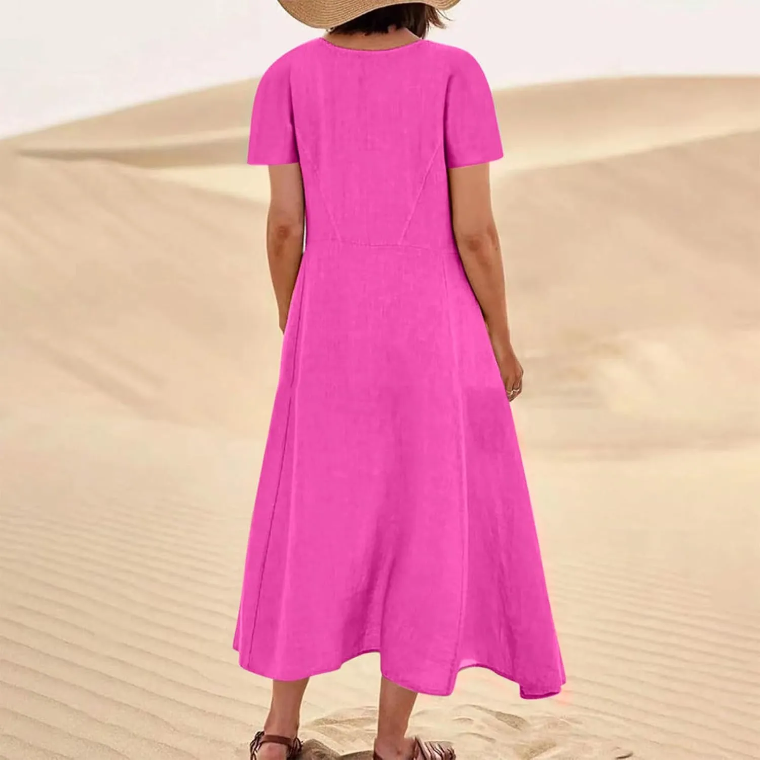 2025 Women Summer Dresses Vacation Trendy Short Sleeve Scoop Neck Cotton Linen Dress Loose Flowy Beach Sundress