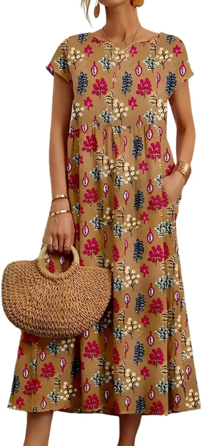 Baggy Crew Neck Dress for Women Cotton Linen Short Sleeve Tunic Midi Dresses Summer Casual Comfy Beach Dress Pockets