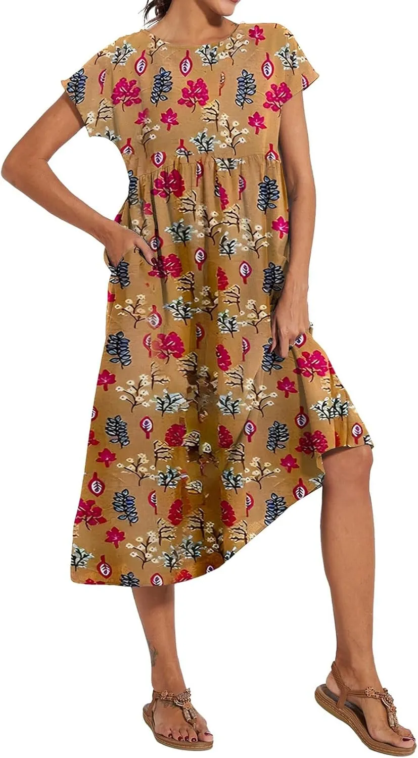 Baggy Crew Neck Dress for Women Cotton Linen Short Sleeve Tunic Midi Dresses Summer Casual Comfy Beach Dress Pockets