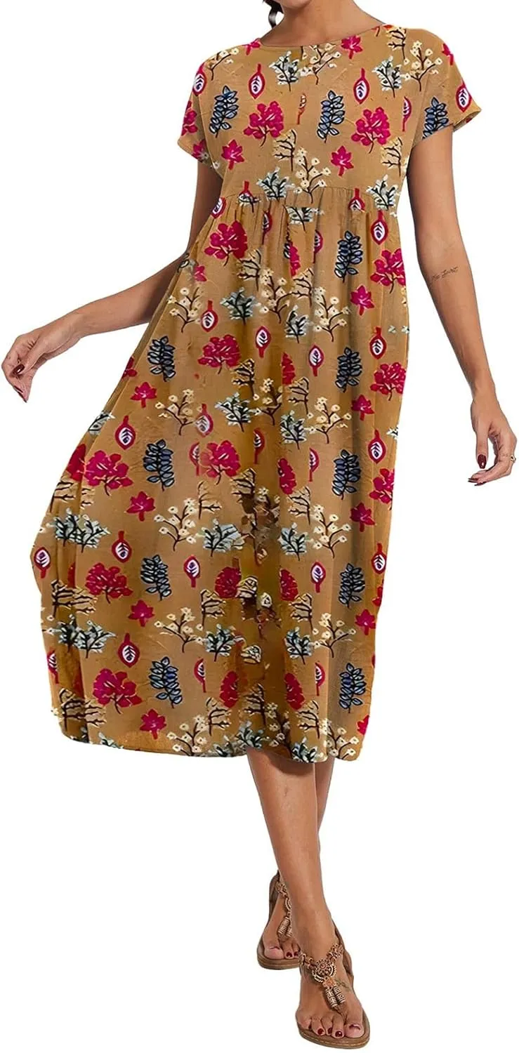 Baggy Crew Neck Dress for Women Cotton Linen Short Sleeve Tunic Midi Dresses Summer Casual Comfy Beach Dress Pockets