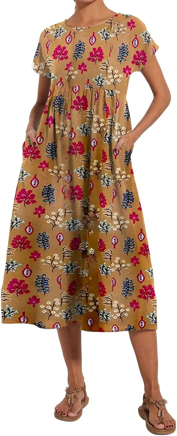Baggy Crew Neck Dress for Women Cotton Linen Short Sleeve Tunic Midi Dresses Summer Casual Comfy Beach Dress Pockets