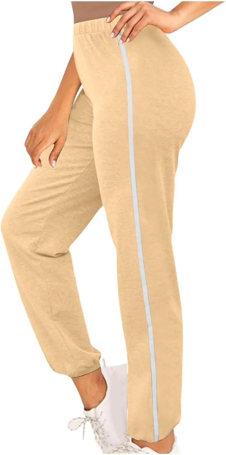 Baggy Sweatpants for Women Striped Casual Elastic High Waisted Joggers Cinch Bottom Lounge Pants with Pockets