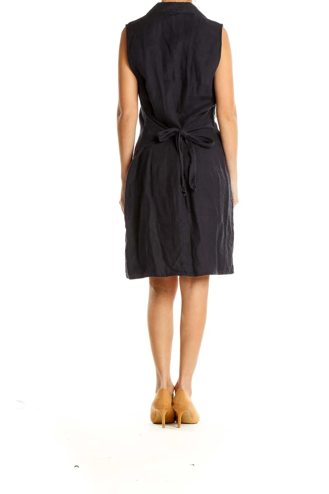 Black Button Up Collared Linen Shirt Dress
