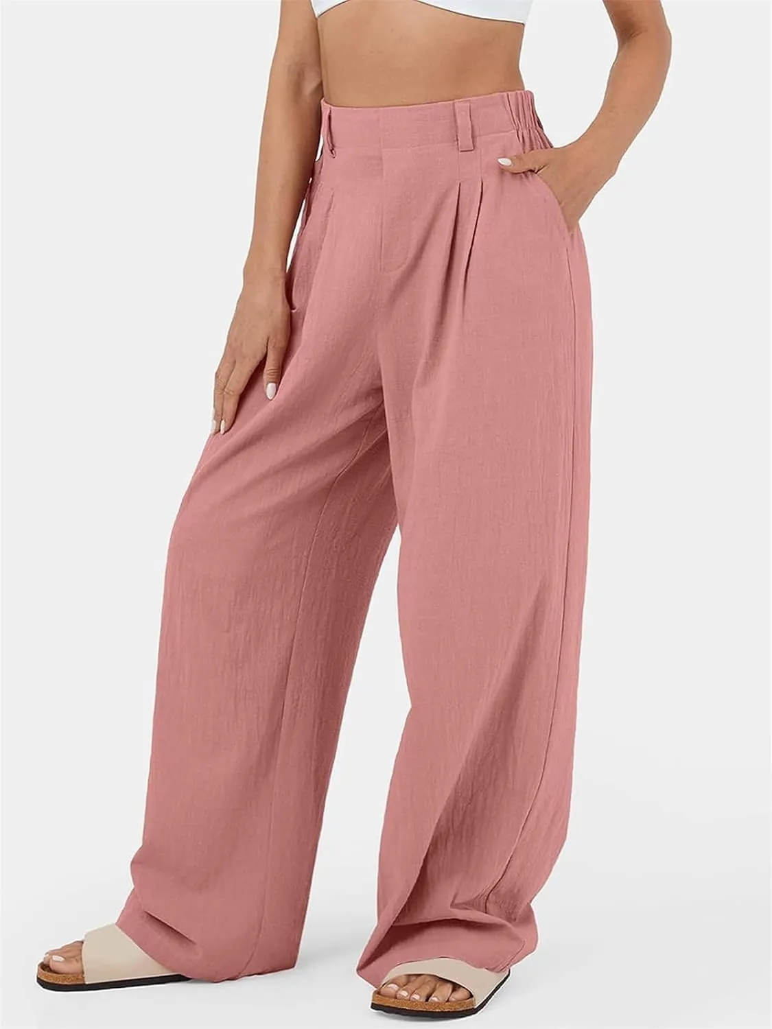 Casual Work Pants Women Summer Loose Wide Leg Pants Dressy Lightweight High Waisted Straight Leg Trousers with Pockets