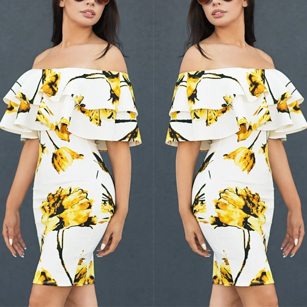 Double Lotus Leaf Floral Printed Slim Bodycon Dress