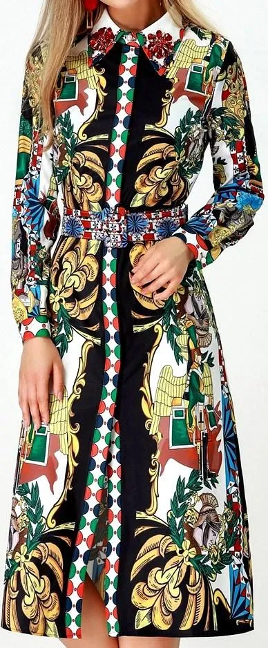 Embellished Collar Print Shirt-Dress