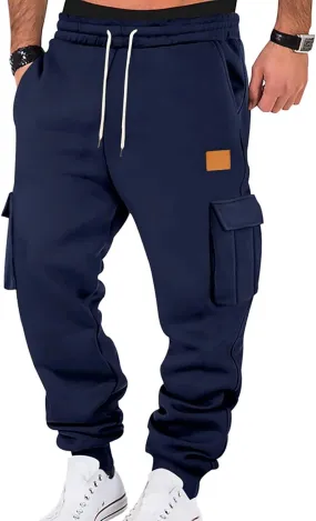 Fleece Lined Cargo Sweatpants for Men Baggy Drawstring Waist Joggers with Pockets Gym Workout Heavyweight Trousers