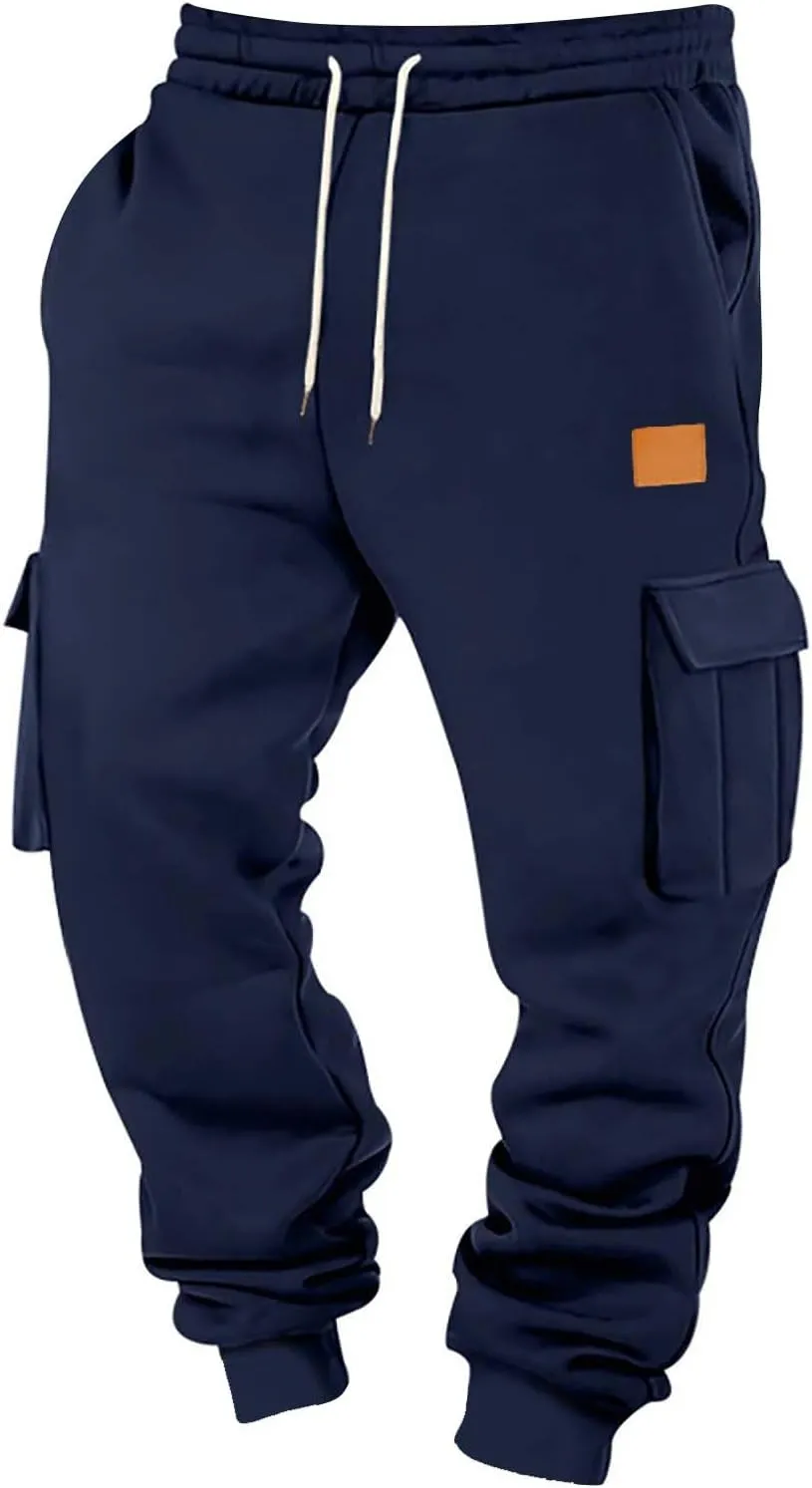 Fleece Lined Cargo Sweatpants for Men Baggy Drawstring Waist Joggers with Pockets Gym Workout Heavyweight Trousers