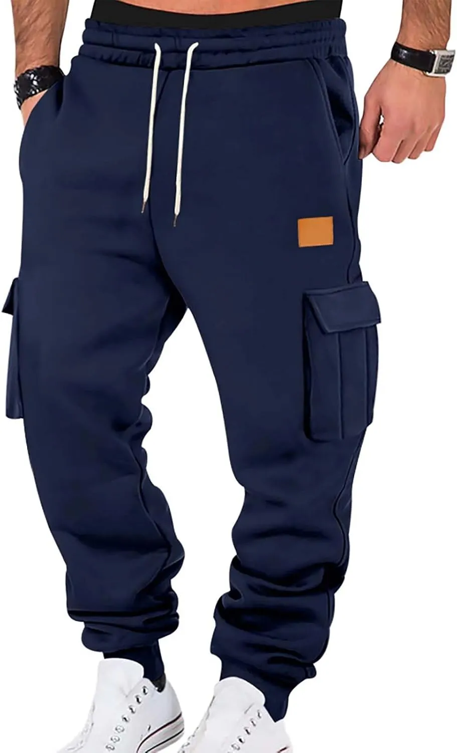 Fleece Lined Cargo Sweatpants for Men Baggy Drawstring Waist Joggers with Pockets Gym Workout Heavyweight Trousers