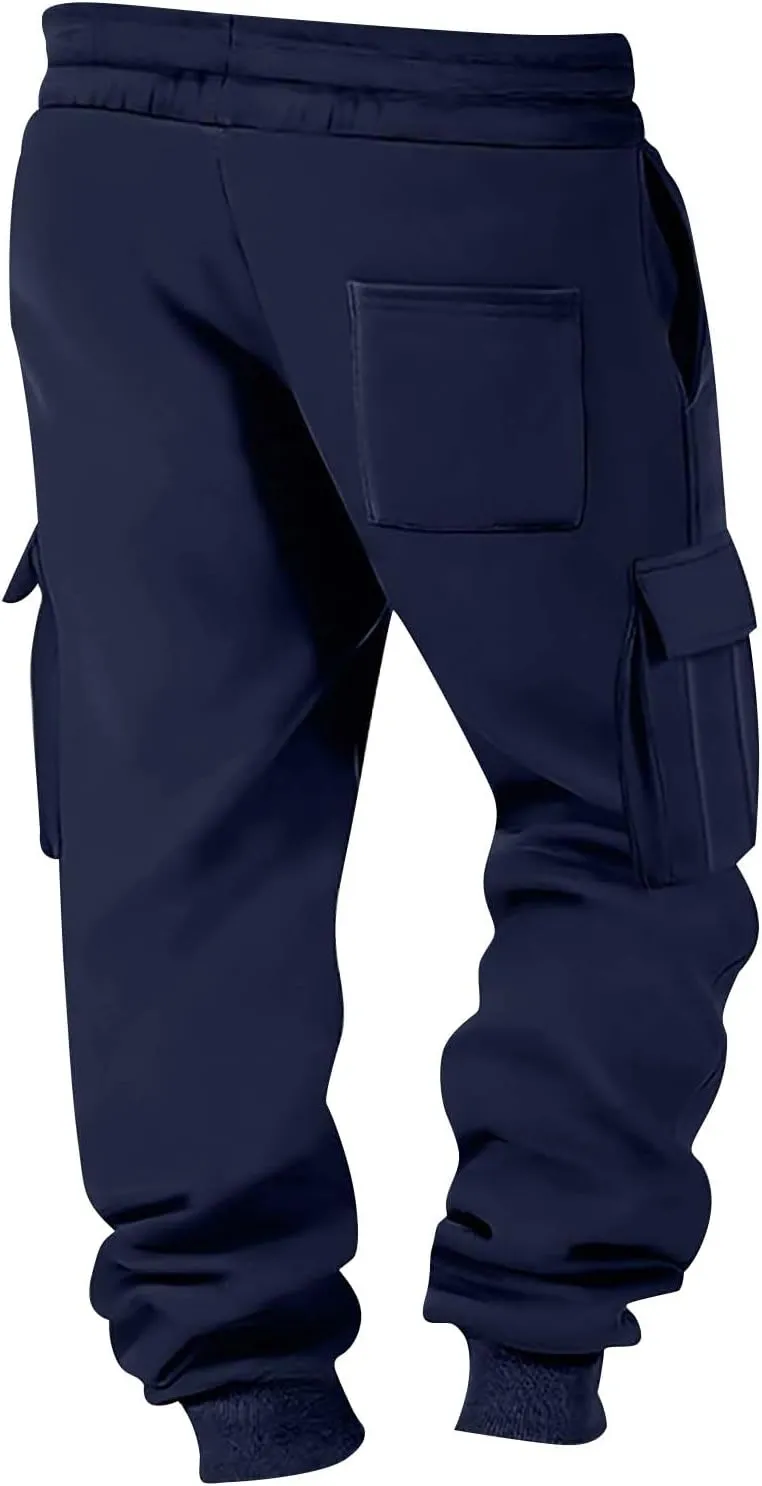 Fleece Lined Cargo Sweatpants for Men Baggy Drawstring Waist Joggers with Pockets Gym Workout Heavyweight Trousers