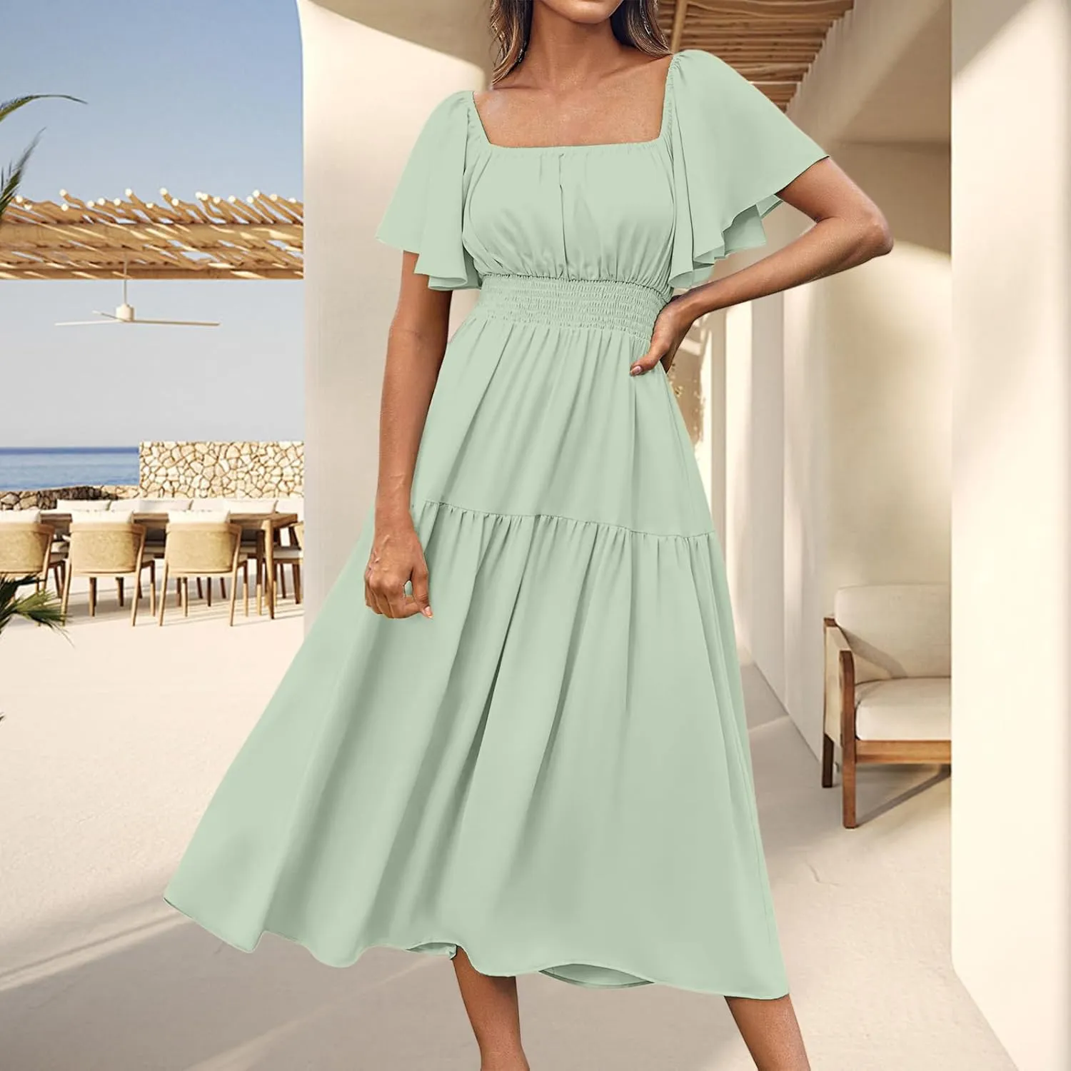 Flowy Maxi Dresses for Women Summer Casual A Line Dress Short Sleeve Square Neck Smocked Waist Beach Vacation Sundress