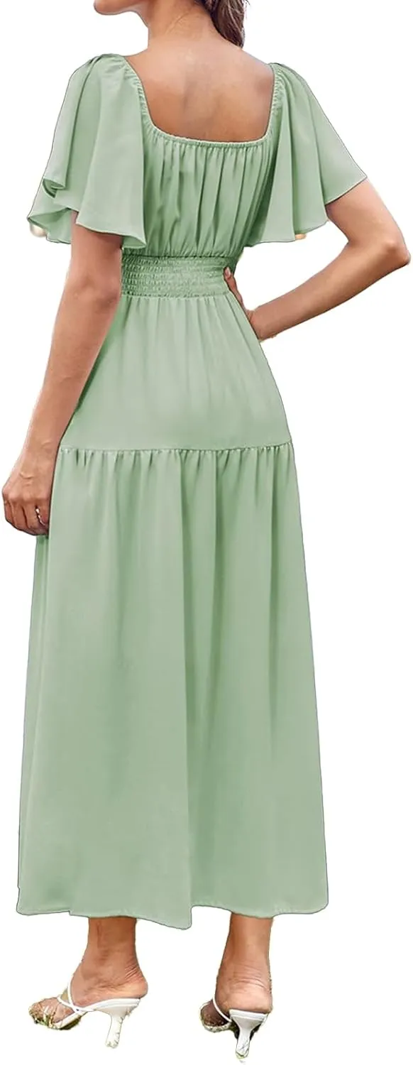Flowy Maxi Dresses for Women Summer Casual A Line Dress Short Sleeve Square Neck Smocked Waist Beach Vacation Sundress