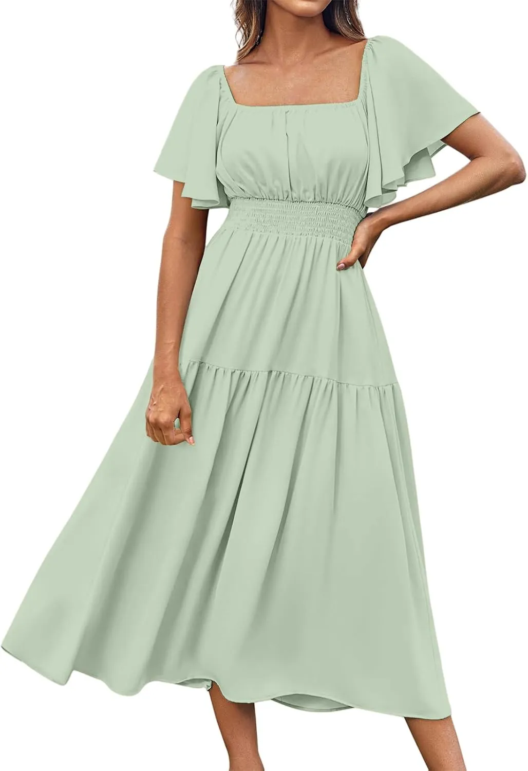 Flowy Maxi Dresses for Women Summer Casual A Line Dress Short Sleeve Square Neck Smocked Waist Beach Vacation Sundress