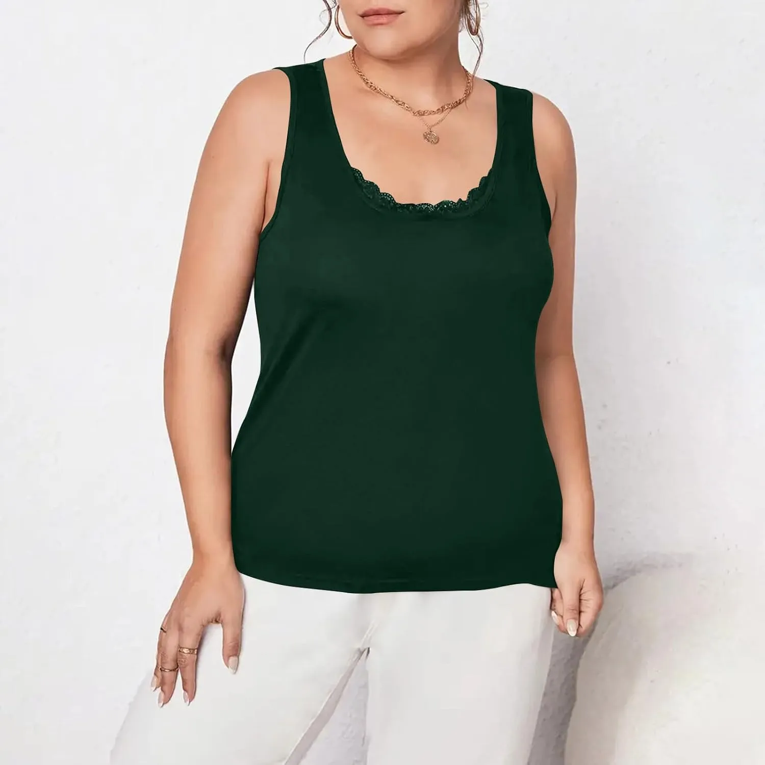 HGps8w Women's Plus Size Tank Tops Summer Sleeveless Lace Trim Scoop Neck Basic Solid Fitted Cami Tee Shirts