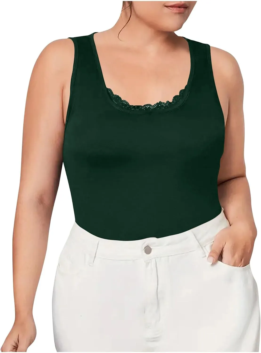 HGps8w Women's Plus Size Tank Tops Summer Sleeveless Lace Trim Scoop Neck Basic Solid Fitted Cami Tee Shirts