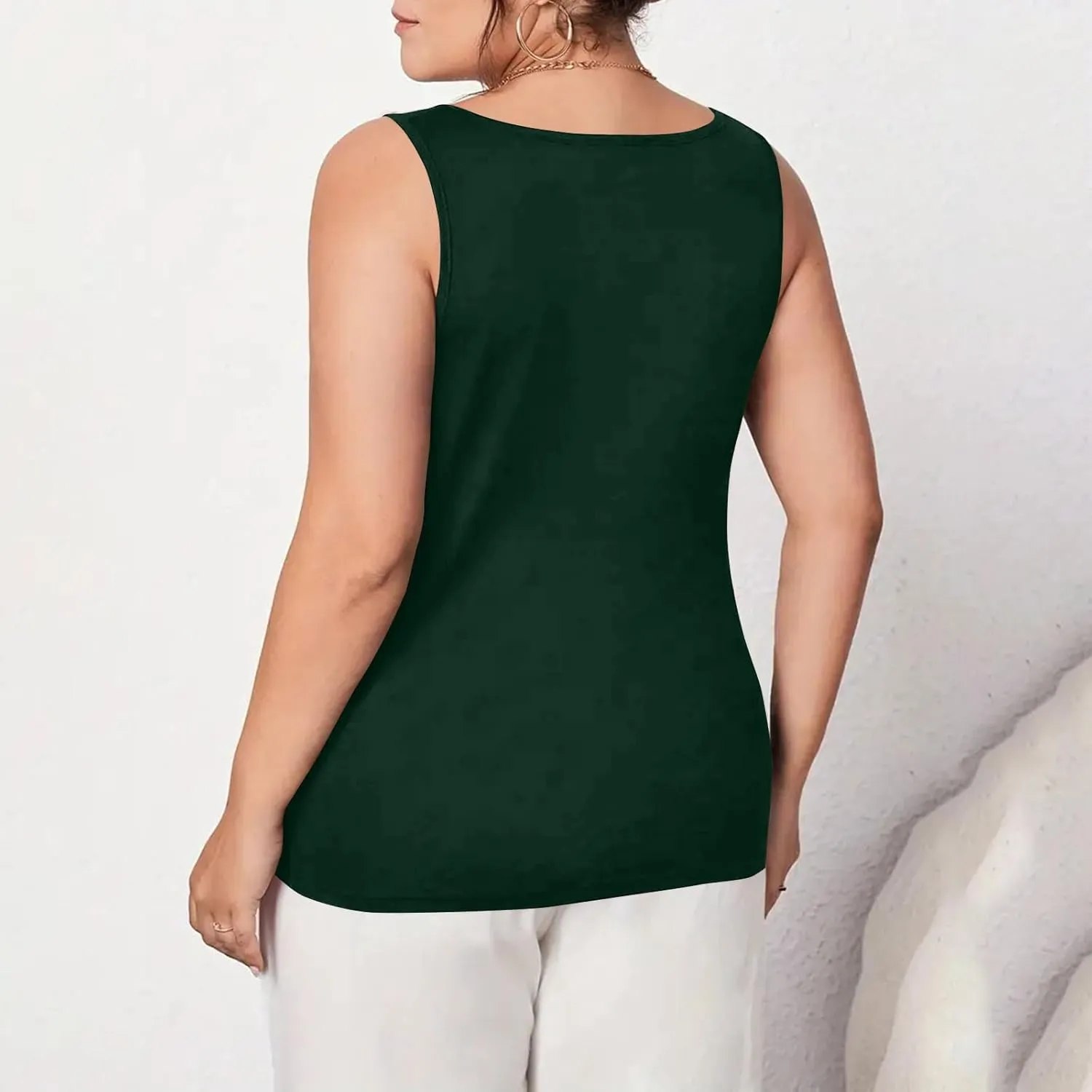 HGps8w Women's Plus Size Tank Tops Summer Sleeveless Lace Trim Scoop Neck Basic Solid Fitted Cami Tee Shirts