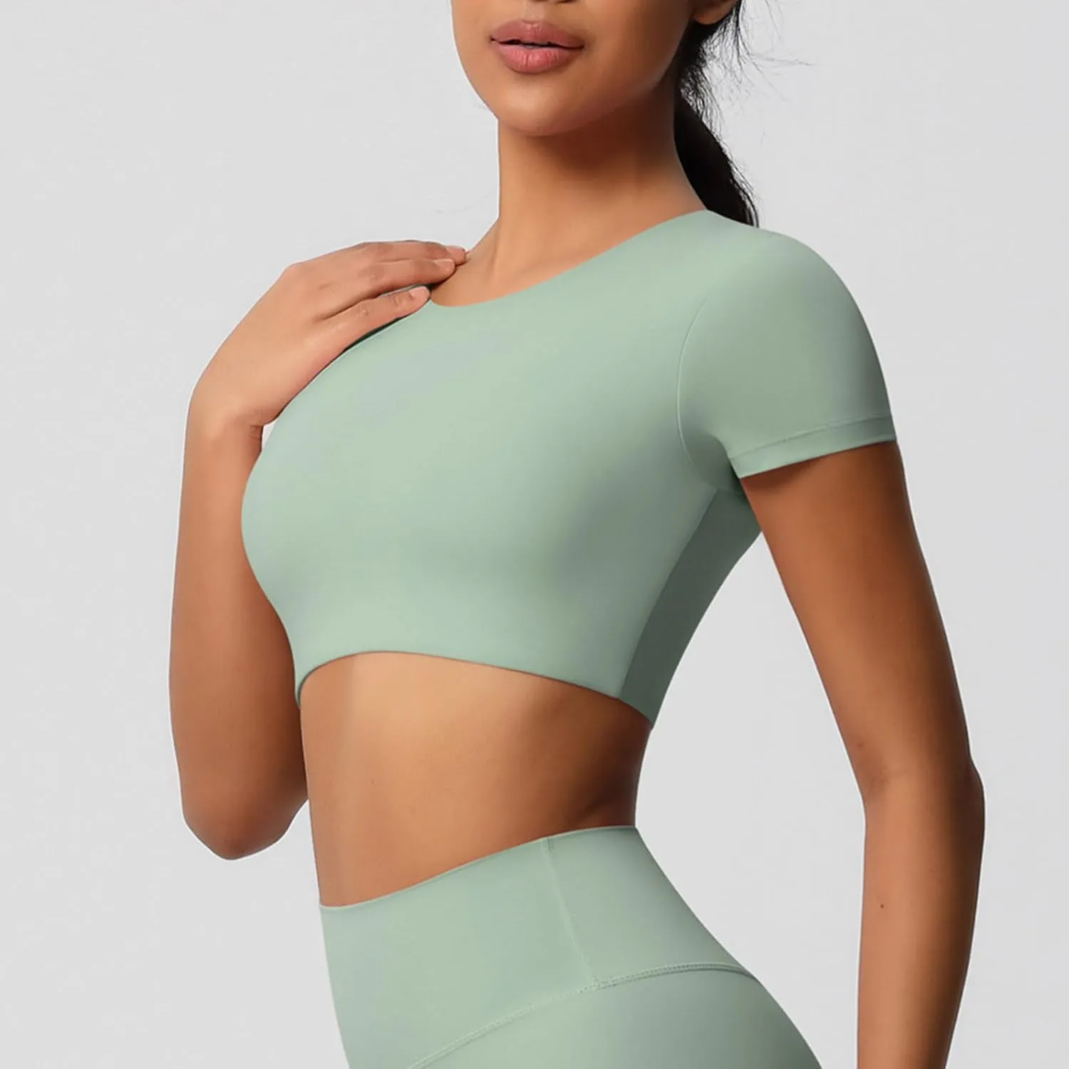 HGps8w Women's Short Sleeve Crop Workout Tops Casual 2025 Summer Basic Solid Crewneck Slim Fitted Quick Dry Athletic Shirts