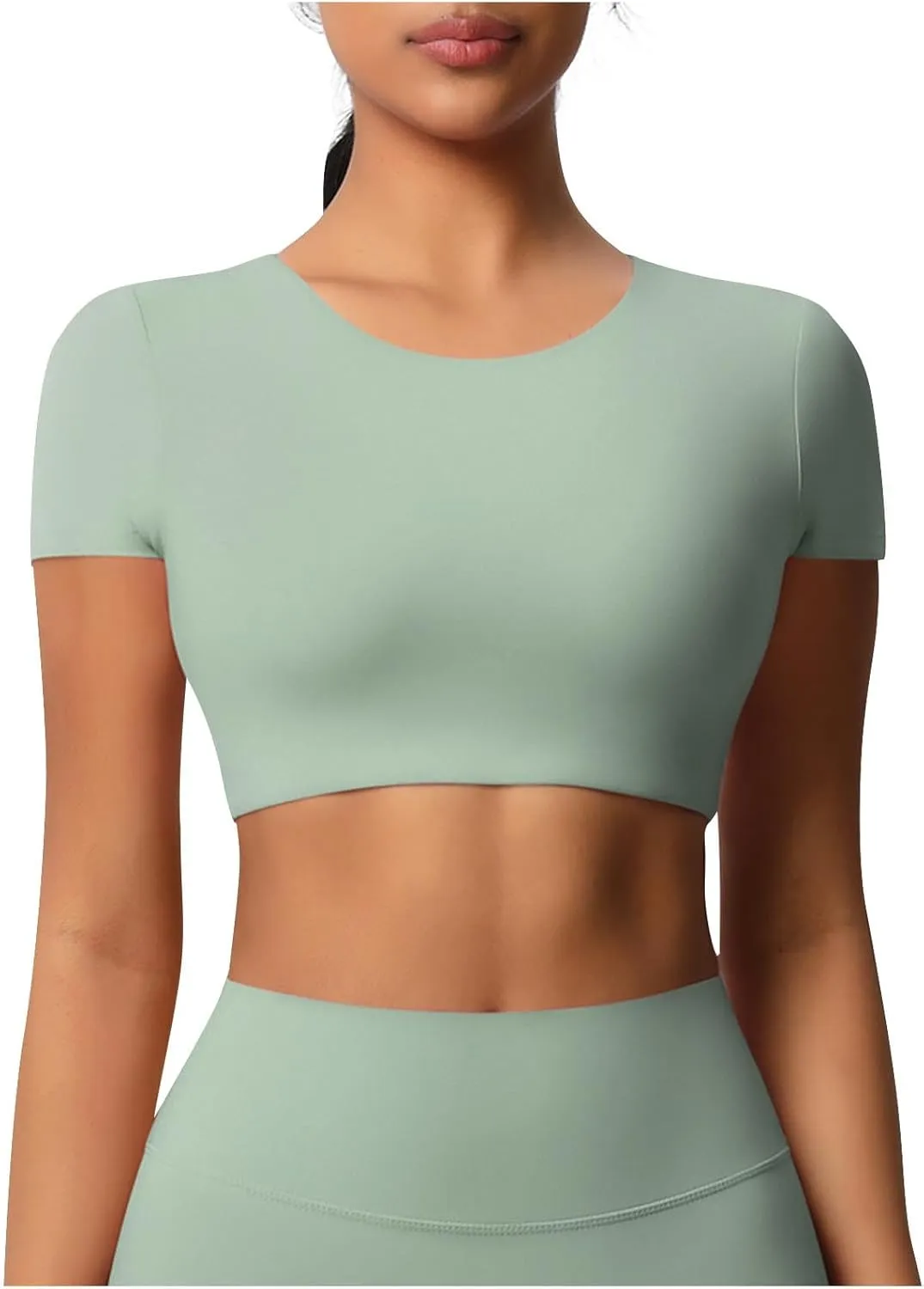 HGps8w Women's Short Sleeve Crop Workout Tops Casual 2025 Summer Basic Solid Crewneck Slim Fitted Quick Dry Athletic Shirts