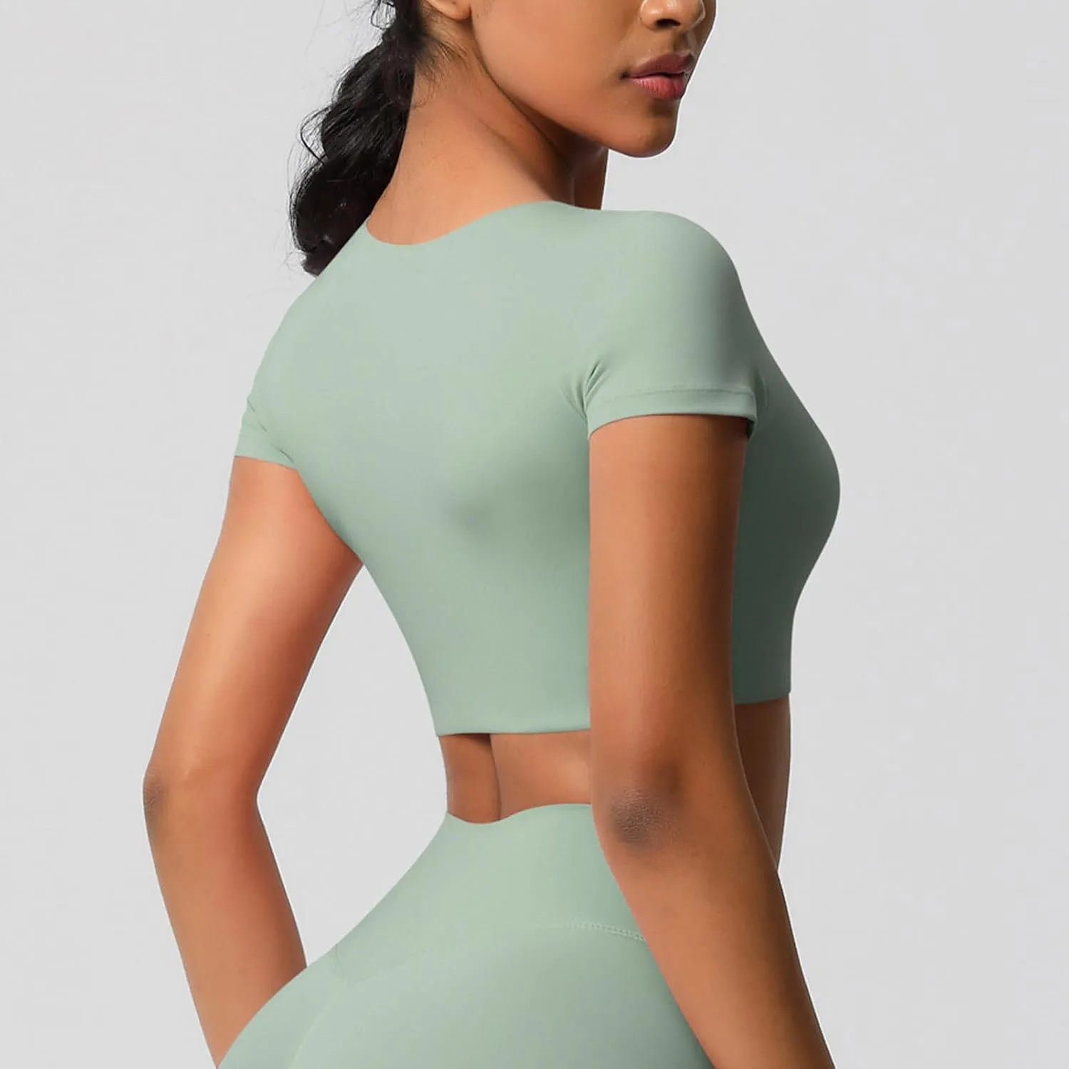 HGps8w Women's Short Sleeve Crop Workout Tops Casual 2025 Summer Basic Solid Crewneck Slim Fitted Quick Dry Athletic Shirts