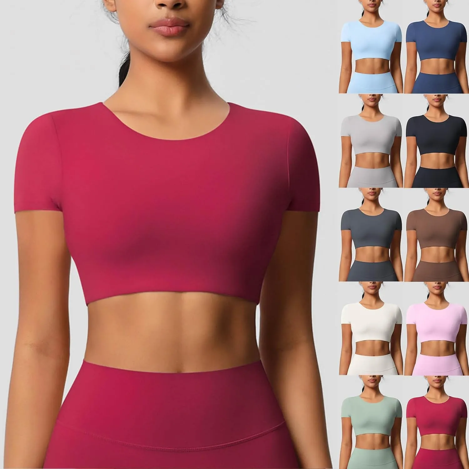 HGps8w Women's Short Sleeve Crop Workout Tops Casual 2025 Summer Basic Solid Crewneck Slim Fitted Quick Dry Athletic Shirts