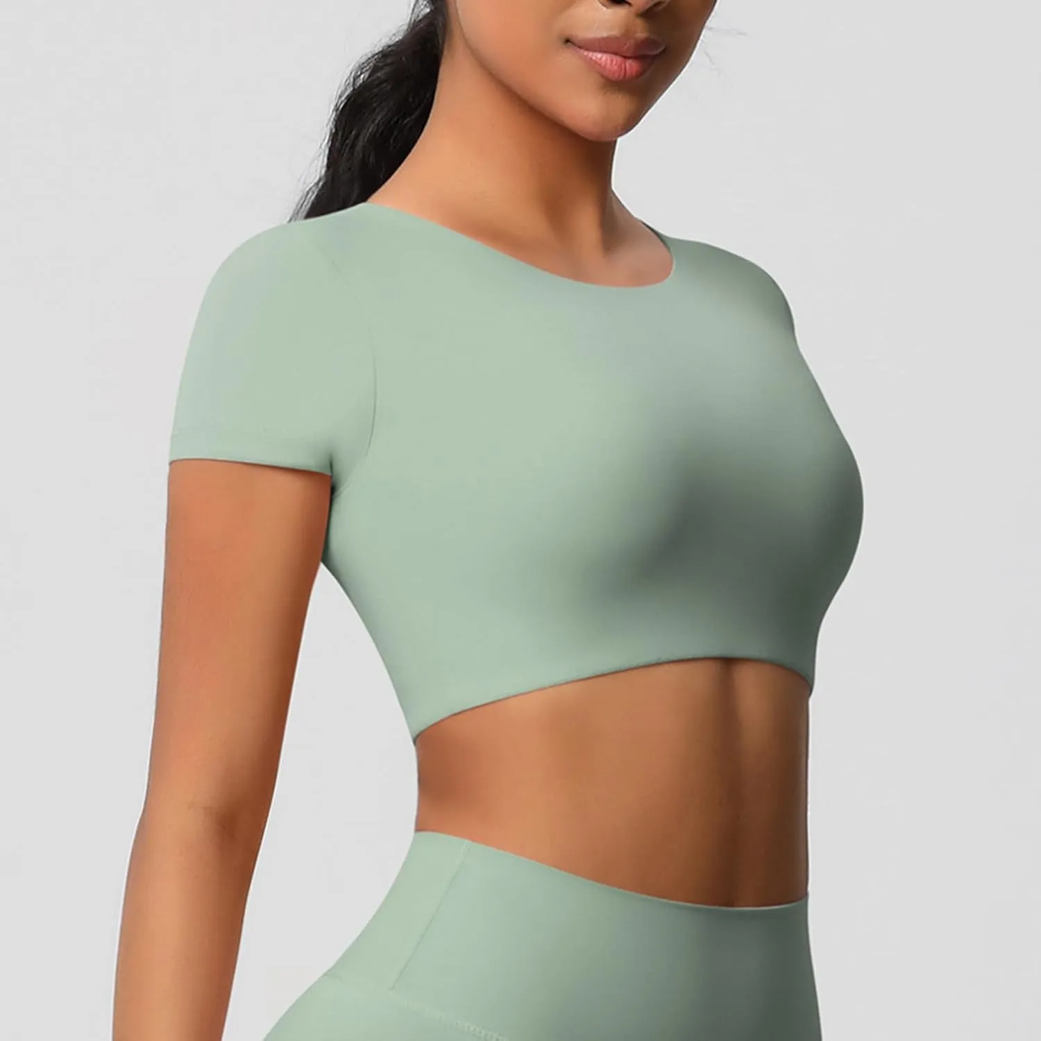 HGps8w Women's Short Sleeve Crop Workout Tops Casual 2025 Summer Basic Solid Crewneck Slim Fitted Quick Dry Athletic Shirts