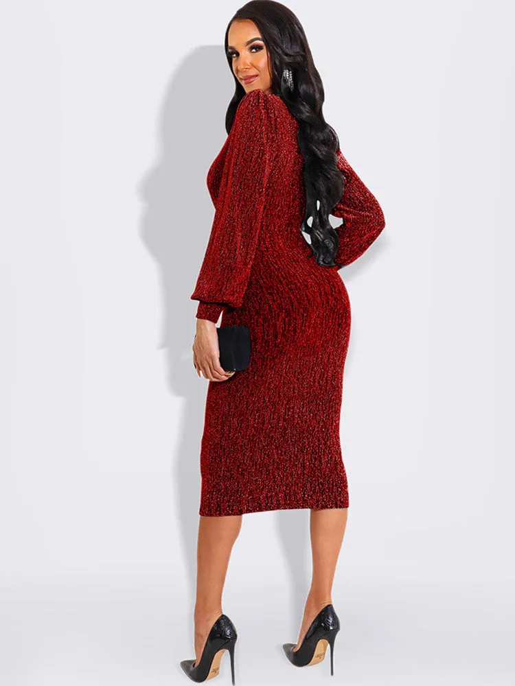 Lantern Sleeve V Neck Midi Dresses
