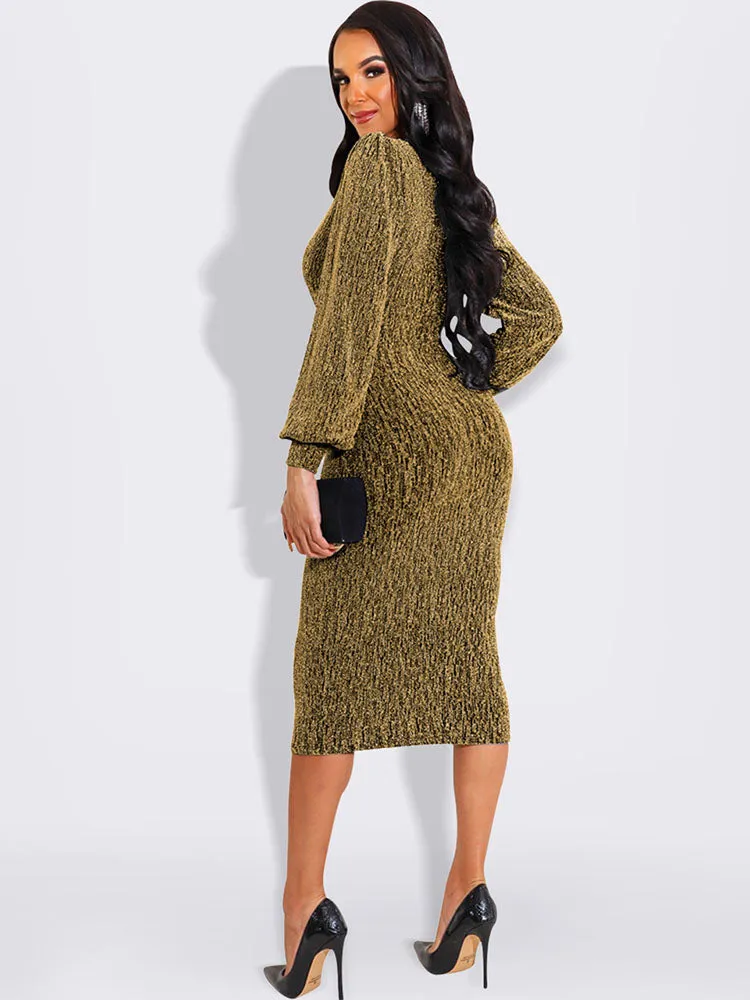 Lantern Sleeve V Neck Midi Dresses