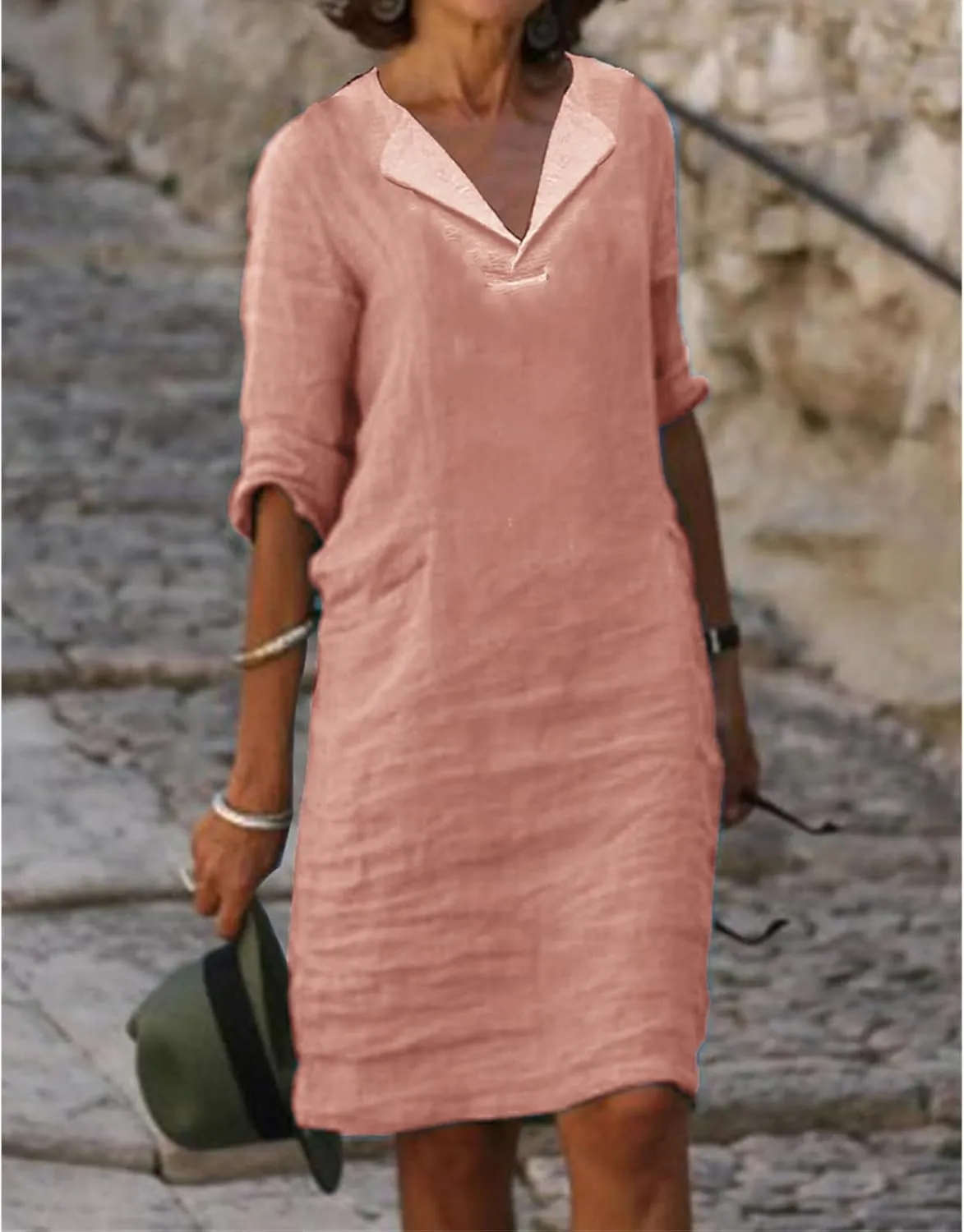 Linen Dresses for Women 2025 Elegant 1/2 Sleeve V-Neck T Shirts Dress Casual Loose Solid Slim Business Vacation Dress