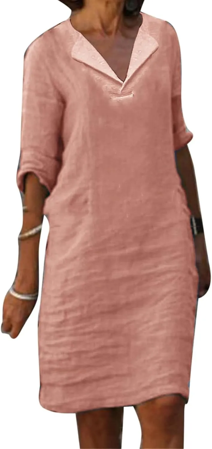 Linen Dresses for Women 2025 Elegant 1/2 Sleeve V-Neck T Shirts Dress Casual Loose Solid Slim Business Vacation Dress