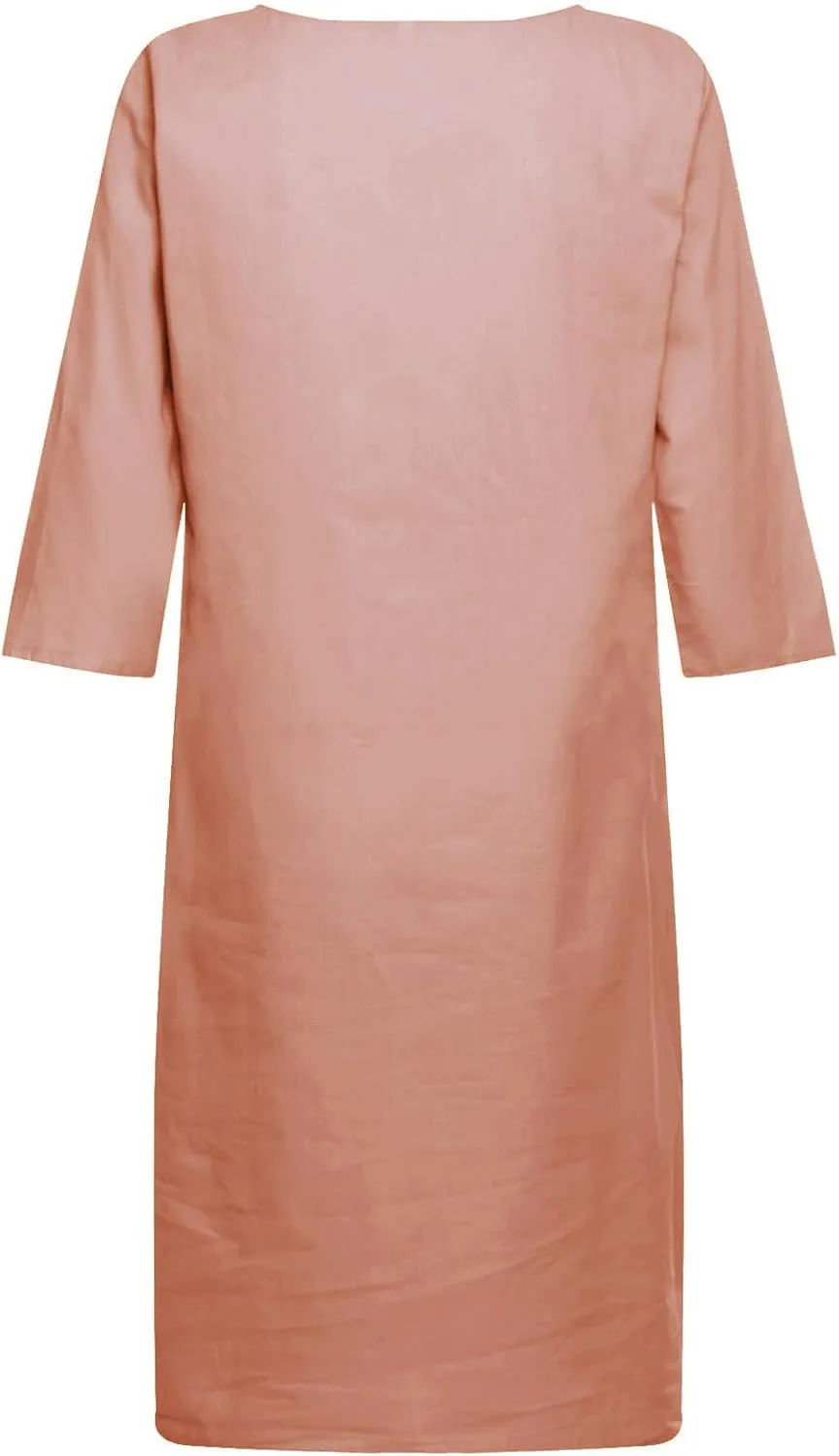 Linen Dresses for Women 2025 Elegant 1/2 Sleeve V-Neck T Shirts Dress Casual Loose Solid Slim Business Vacation Dress