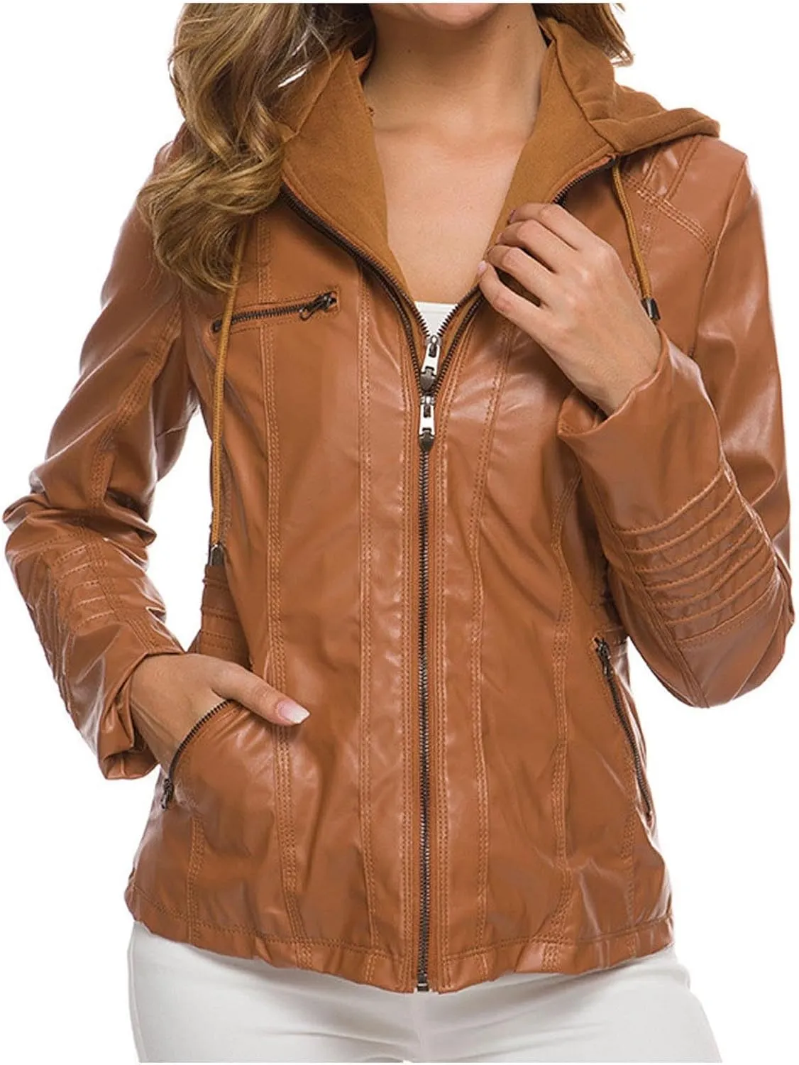 Lmdudan Women's Faux Leather Jacket Moto Biker Coat with Detachable Hood Motorcycle Jackets 2023 Fall Winter Outerwear Tops