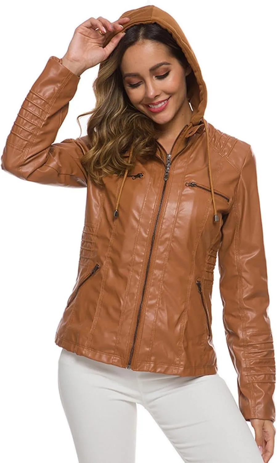 Lmdudan Women's Faux Leather Jacket Moto Biker Coat with Detachable Hood Motorcycle Jackets 2023 Fall Winter Outerwear Tops
