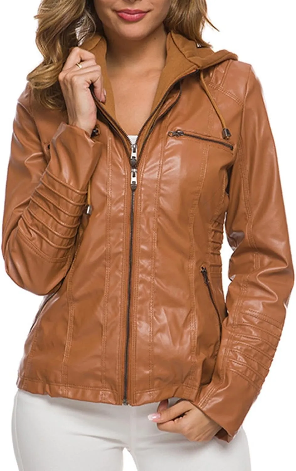 Lmdudan Women's Faux Leather Jacket Moto Biker Coat with Detachable Hood Motorcycle Jackets 2023 Fall Winter Outerwear Tops