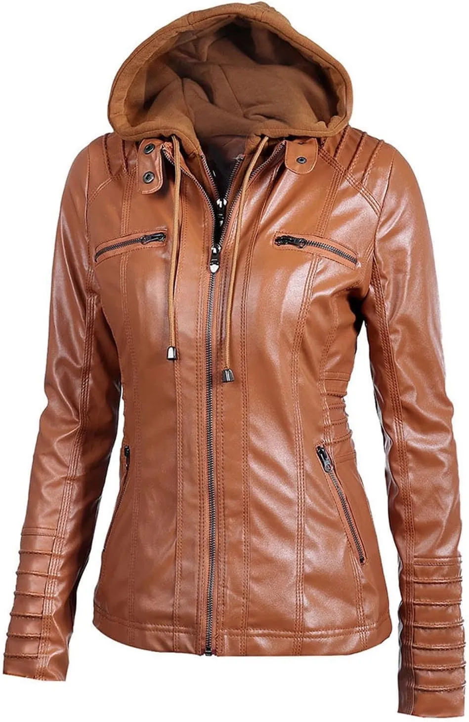 Lmdudan Women's Faux Leather Jacket Moto Biker Coat with Detachable Hood Motorcycle Jackets 2023 Fall Winter Outerwear Tops