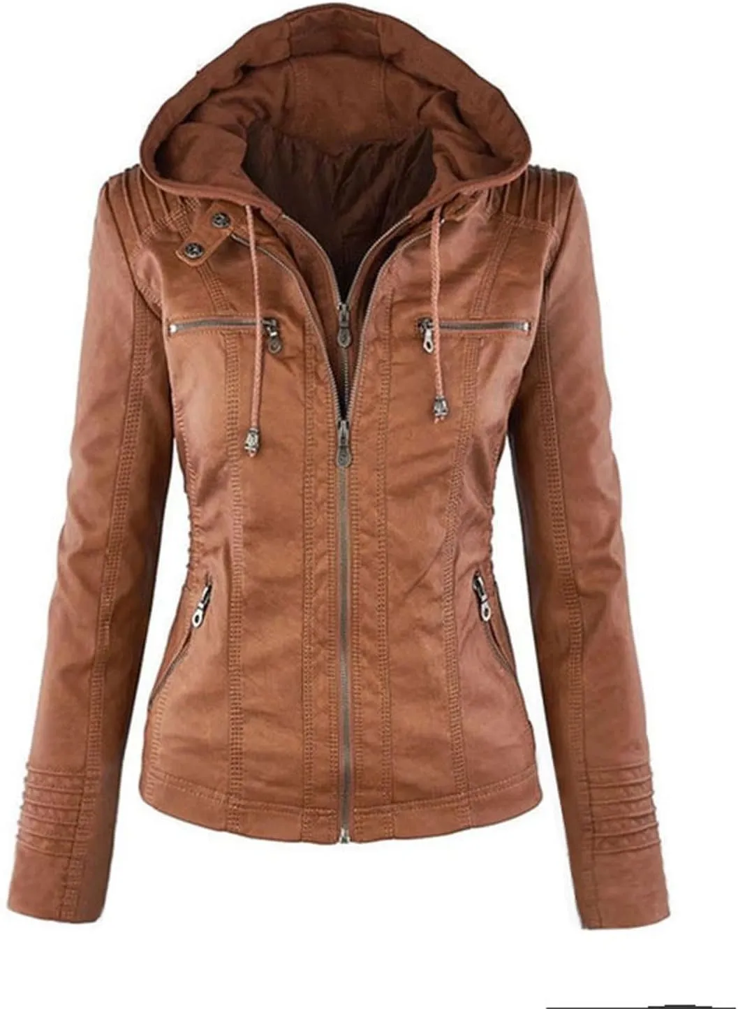 Lmdudan Women's Faux Leather Jacket Moto Biker Coat with Detachable Hood Motorcycle Jackets 2023 Fall Winter Outerwear Tops