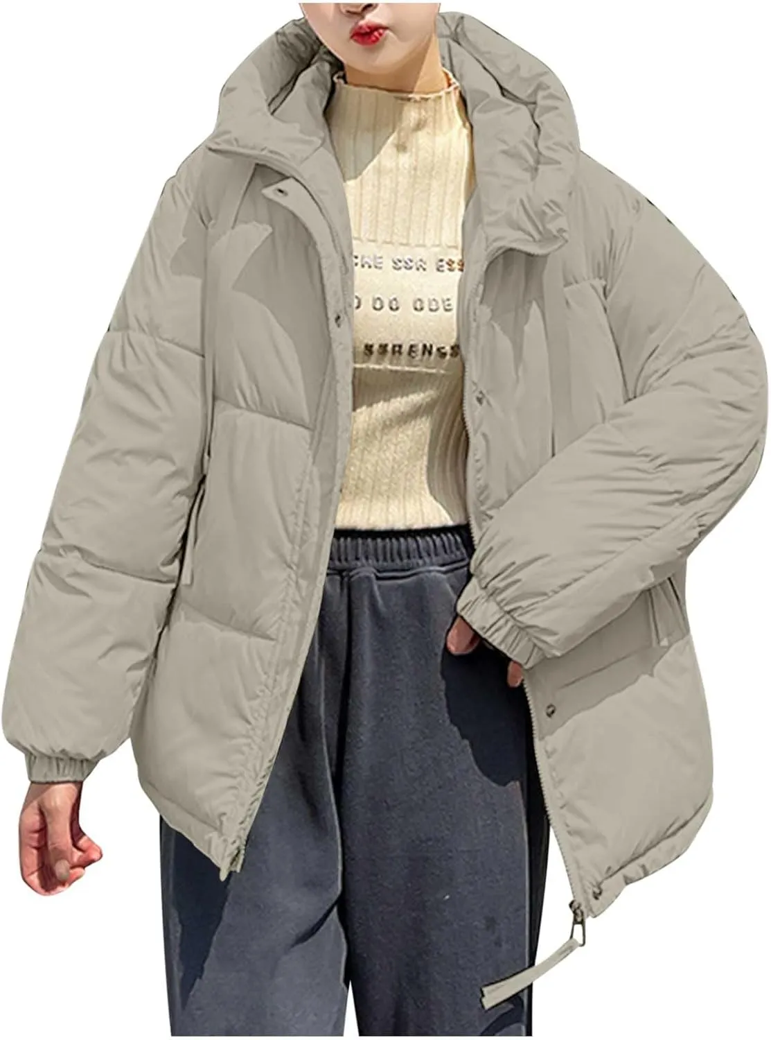 Long Sleeve Zipper Jacket for Women Quilted Down Coat with Pockets Puffer Lightweight Winter Overcoat 2024