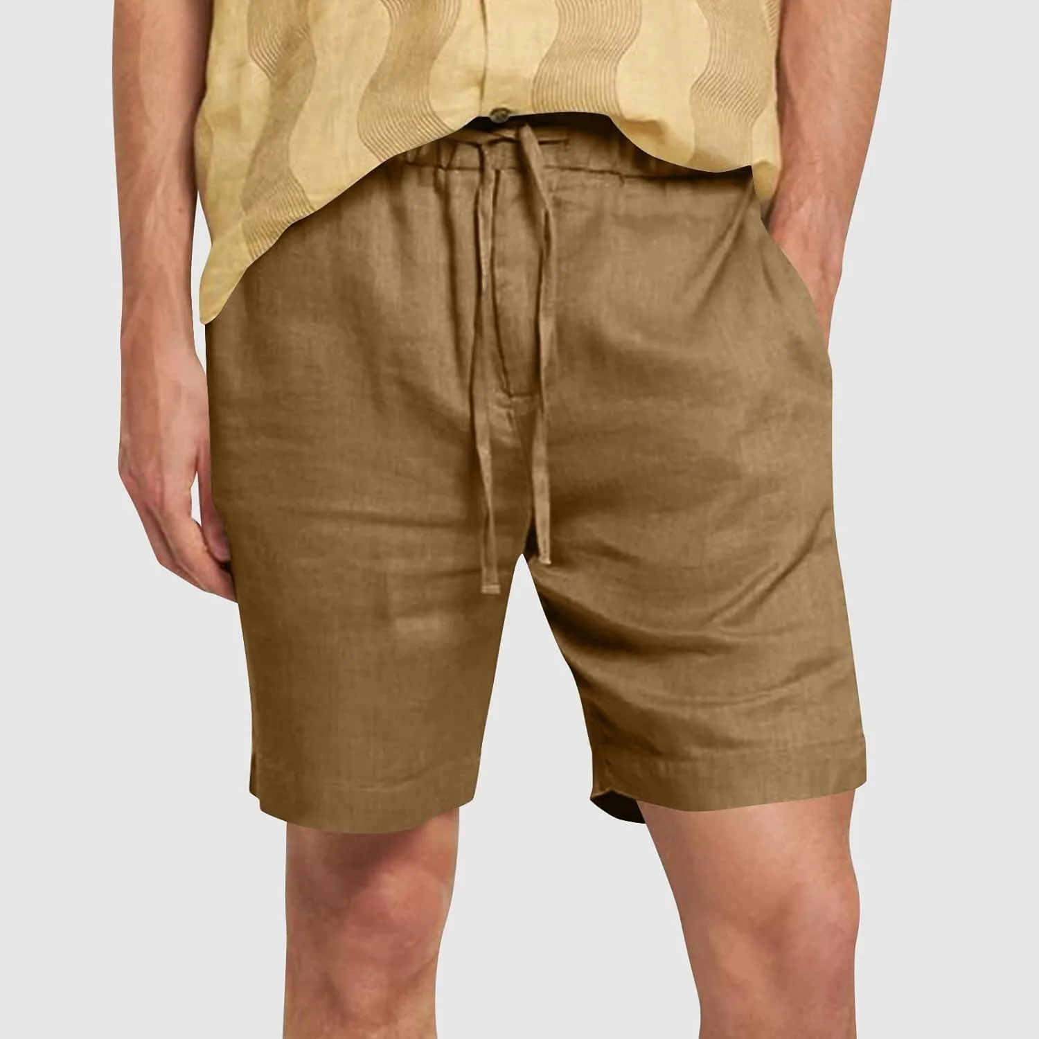 Men's Casual Cotton Linen Shorts Linen Shorts Casual Cotton Elastic Waist Summer Beach Vacation Shorts with Pockets