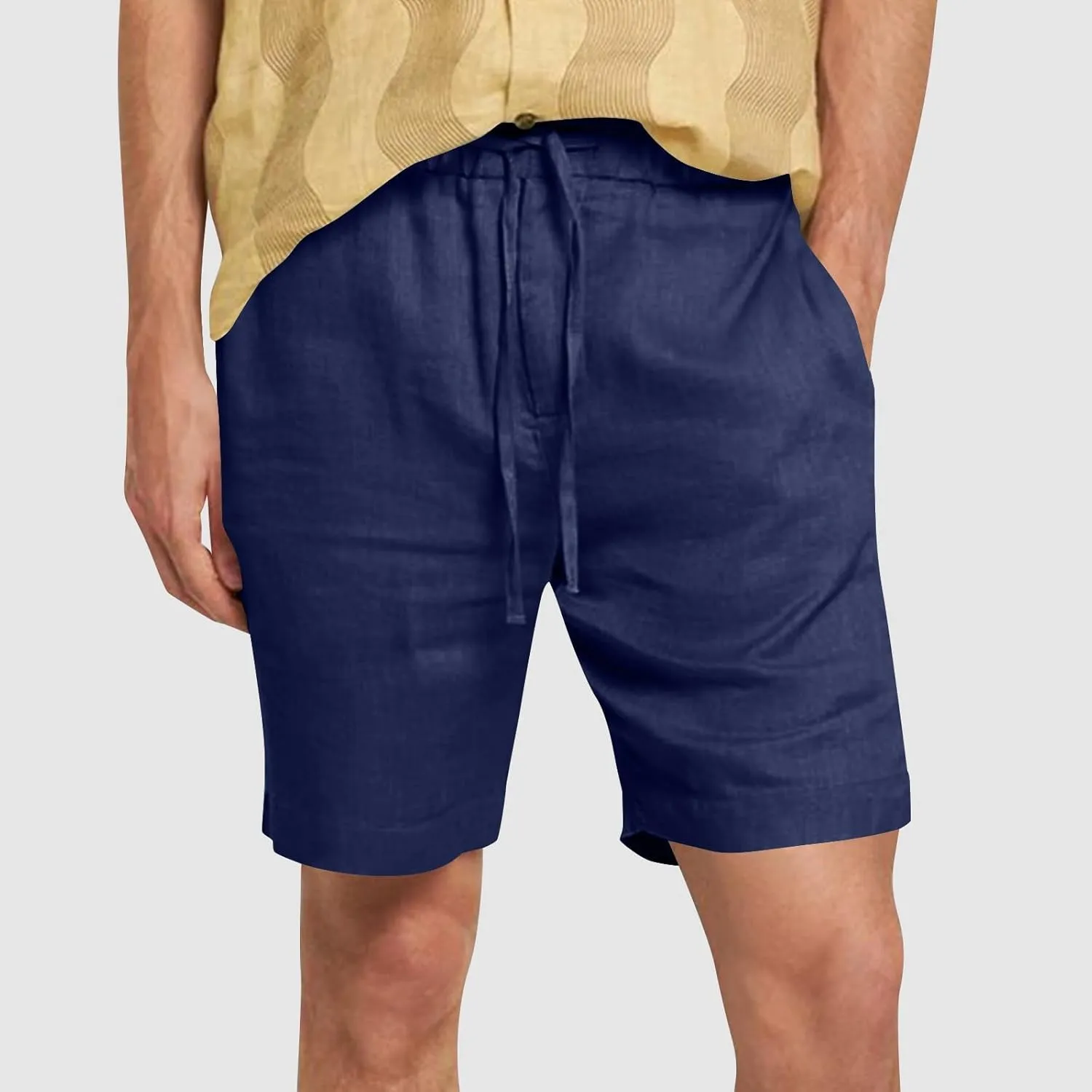 Men's Casual Cotton Linen Shorts Linen Shorts Casual Cotton Elastic Waist Summer Beach Vacation Shorts with Pockets