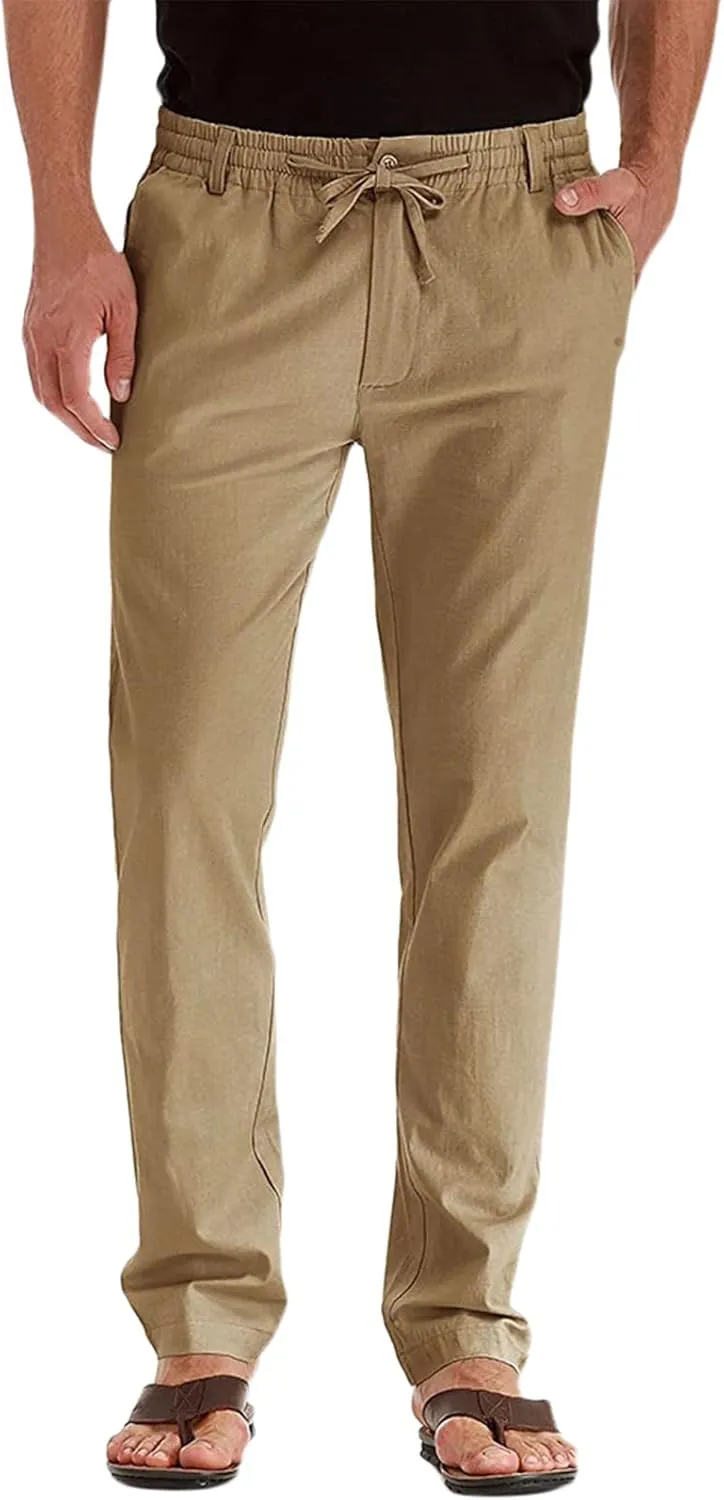 Men's Drawstring Linen Pants Casual Summer Beach Loose Straight Leg Solid Color Trousers