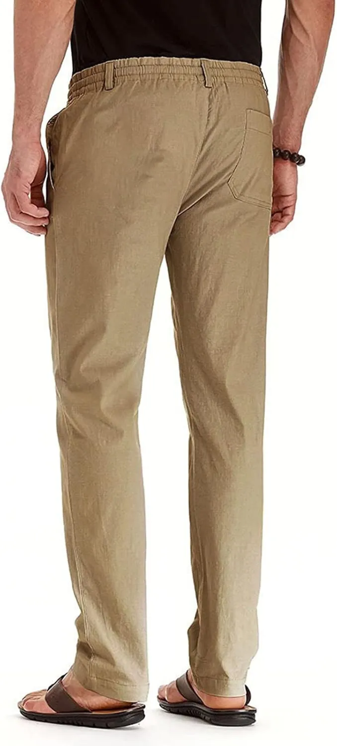 Men's Drawstring Linen Pants Casual Summer Beach Loose Straight Leg Solid Color Trousers