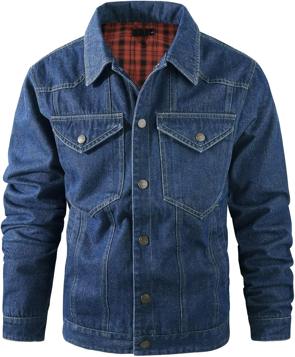 Mens Flannel Lined Denim Jacket Cowboy Cut with Snap Buttons Western Classic, Heavy Duty Trucker Coat, Slim Fit
