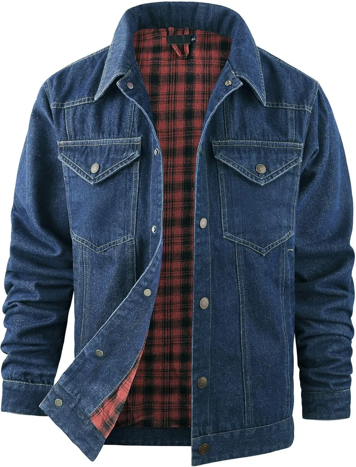 Mens Flannel Lined Denim Jacket Cowboy Cut with Snap Buttons Western Classic, Heavy Duty Trucker Coat, Slim Fit
