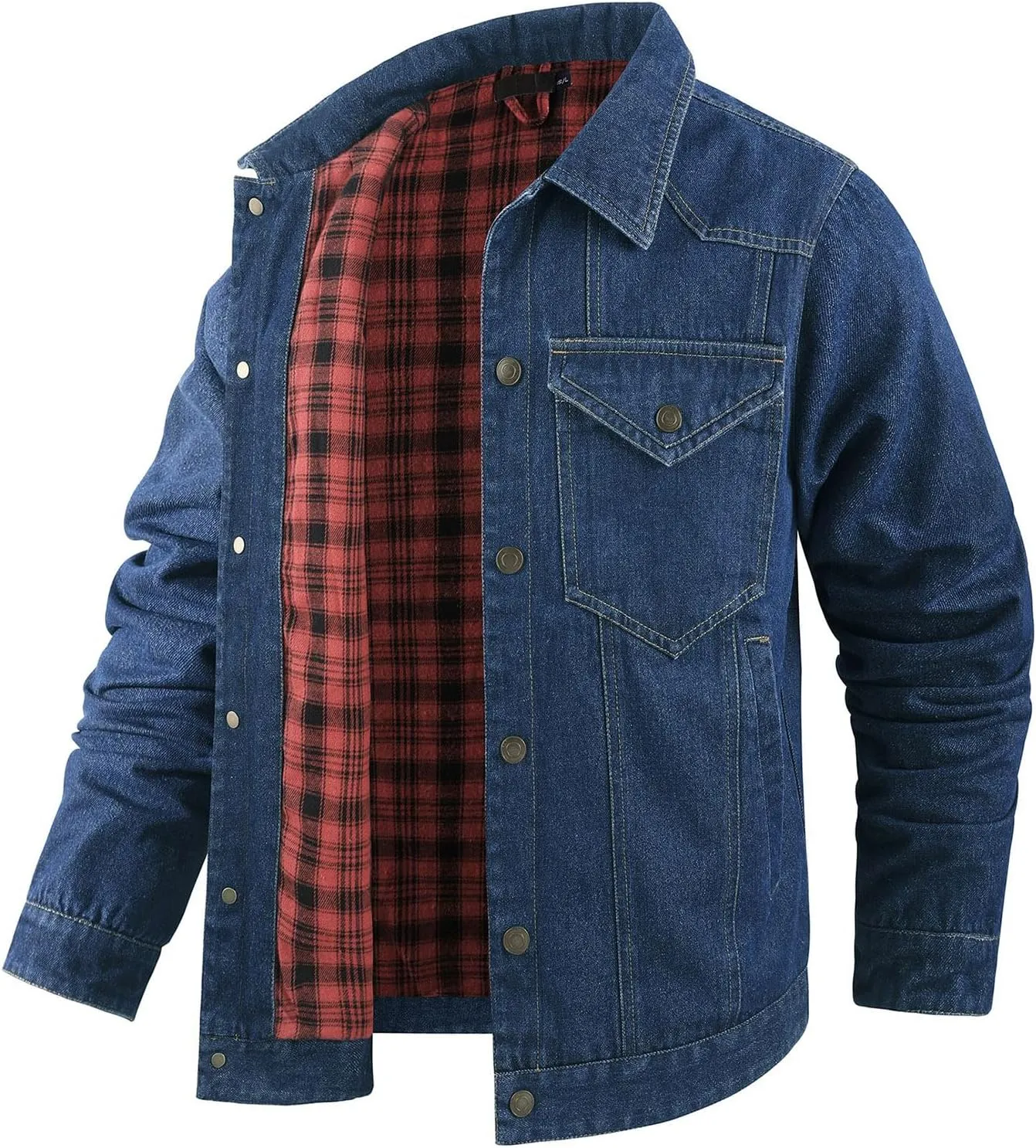 Mens Flannel Lined Denim Jacket Cowboy Cut with Snap Buttons Western Classic, Heavy Duty Trucker Coat, Slim Fit