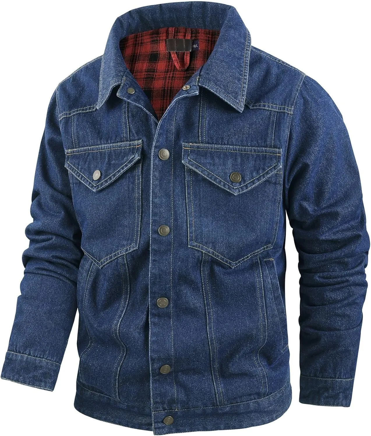 Mens Flannel Lined Denim Jacket Cowboy Cut with Snap Buttons Western Classic, Heavy Duty Trucker Coat, Slim Fit