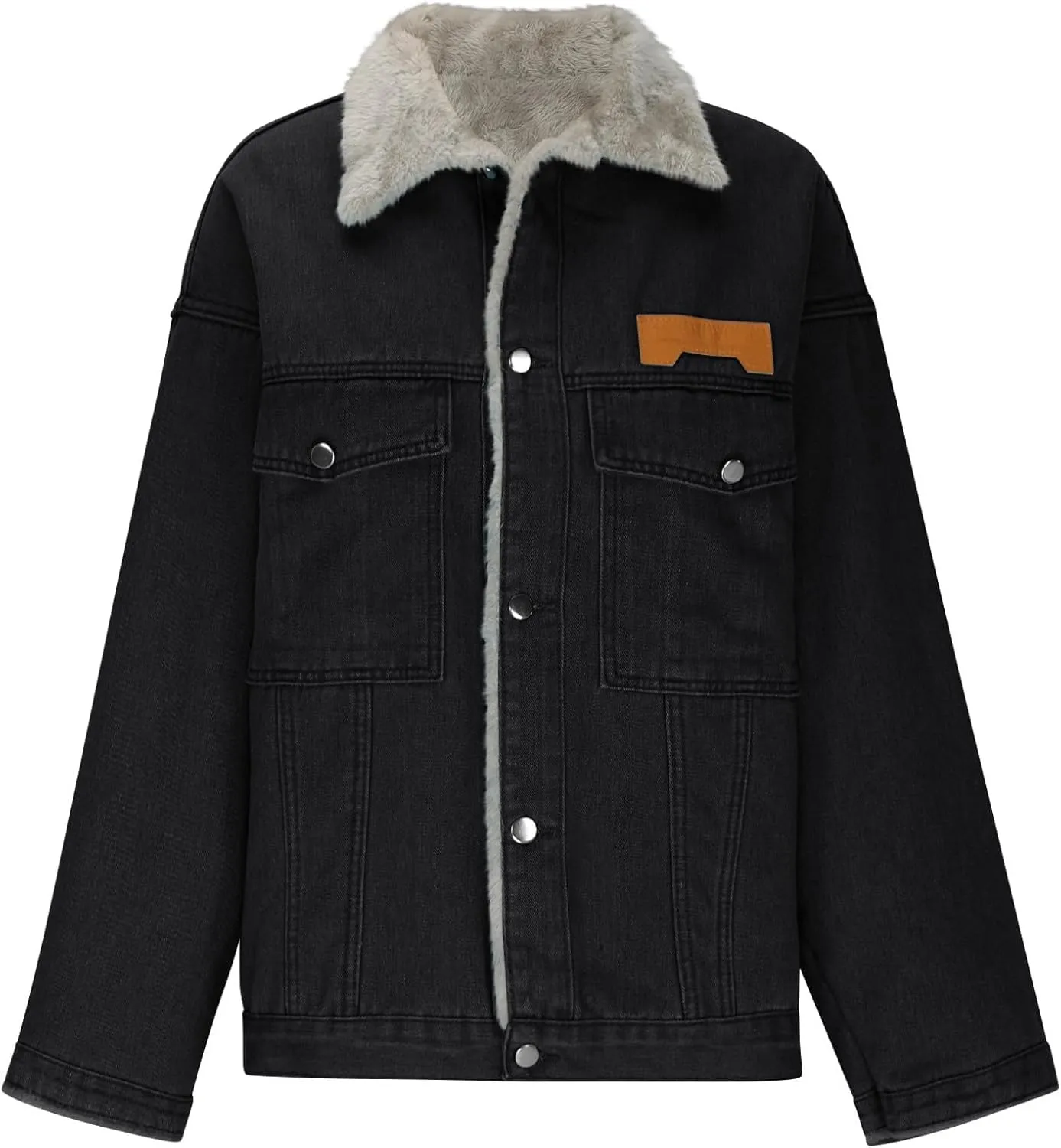 Men's Fleece Lined Denim Jacket Winter Warm Jean Trucker Coat Lapel Collar Cargo Jackets with Pockets