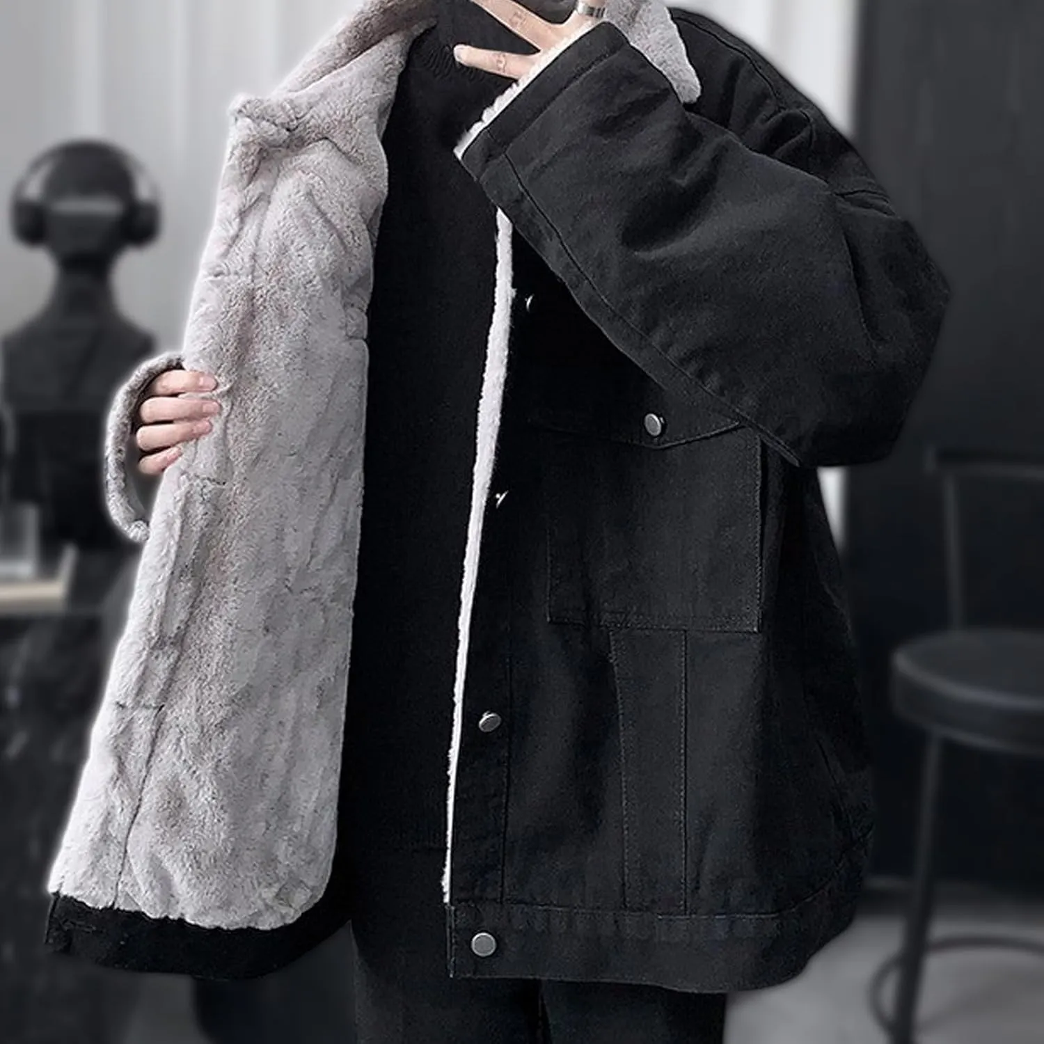 Men's Fleece Lined Denim Jacket Winter Warm Jean Trucker Coat Lapel Collar Cargo Jackets with Pockets