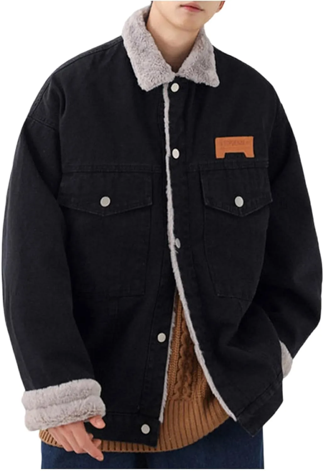 Men's Fleece Lined Denim Jacket Winter Warm Jean Trucker Coat Lapel Collar Cargo Jackets with Pockets