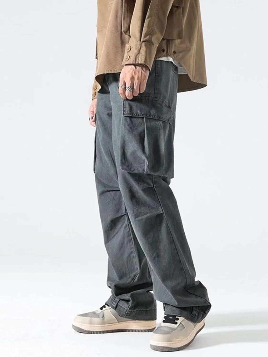 Men's High-Street Cargo Pants,Multi-Pocket,Straight-Leg Loose Versatile Casual Trousers